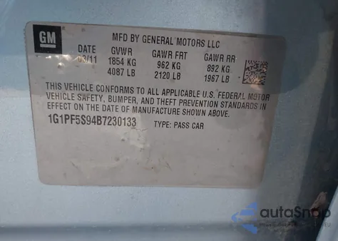 2011 Chevrolet Cruze 1Lt из США, поврежденный, VIN 1G1PF5S94B7230133